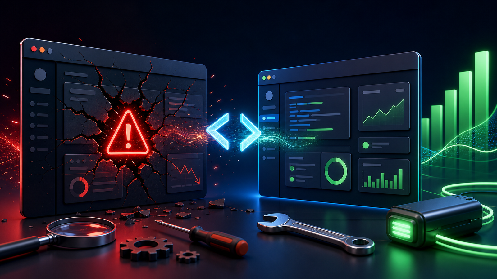 Website panels protected by a layered cybersecurity shield, lock, backup vault, and network nodes